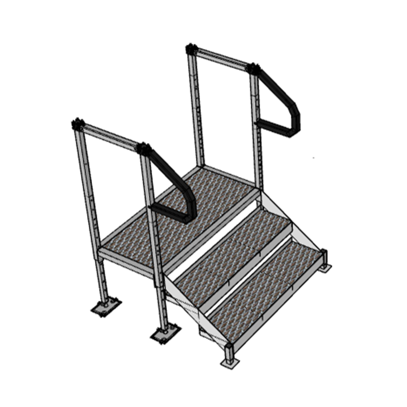Die Stahltreppe mit drei Stufen und Geländer