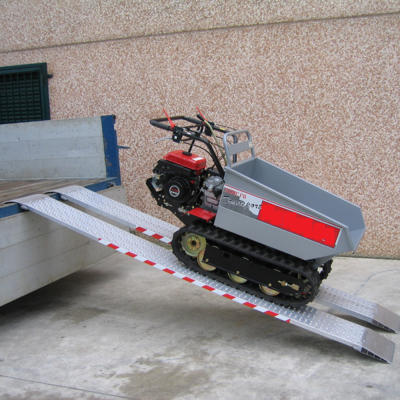 Fahrzeug wird mit den Auffahrrampen PKW verladen, welche an einem Lastwagen mit offener Heckklappe aufliegen